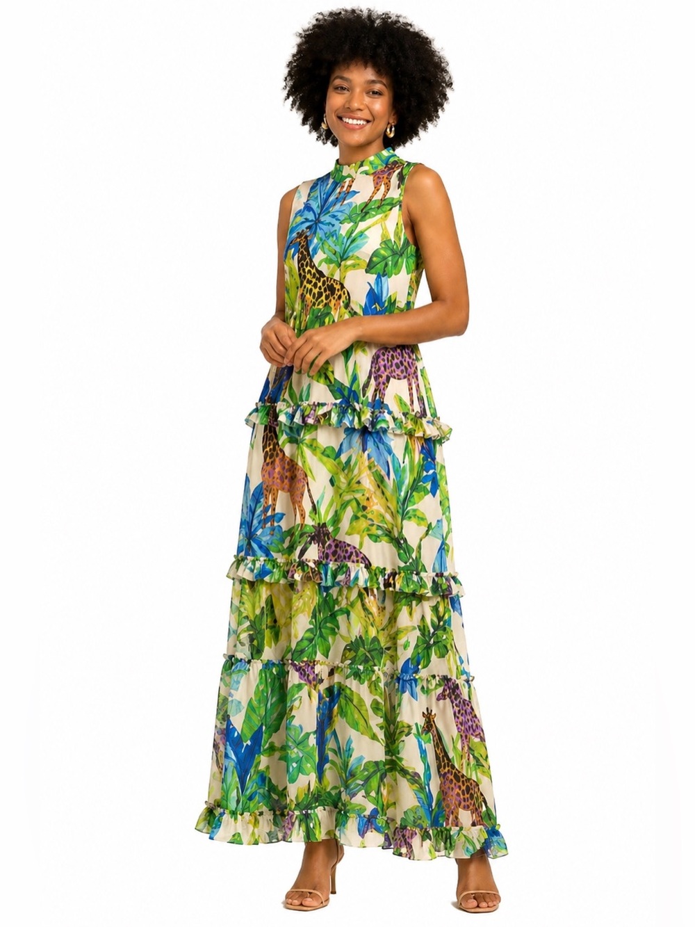 Oliphant Tropical Giraffe Print Tiered Maxi Dress in Green and Blue
